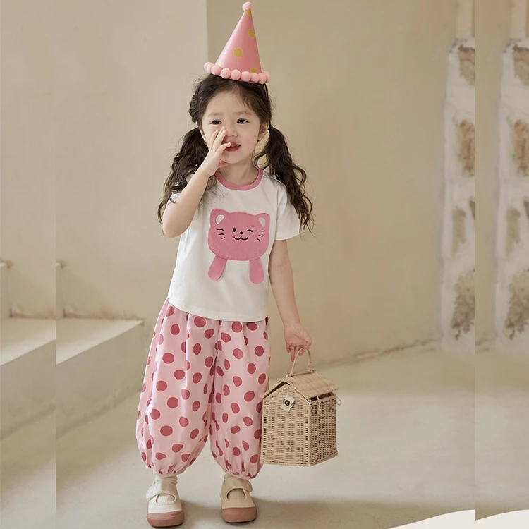 女童波点裤子套装夏季2025女宝宝治愈喵星人t恤灯笼长裤洋气时髦6