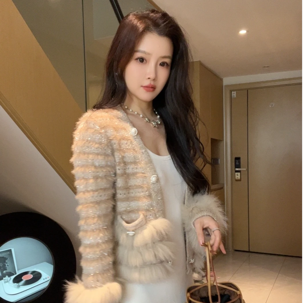 2025新款轻奢高级感矜贵狐狸毛重工亮丝针织气质开衫