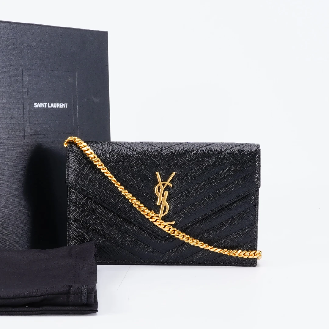 95新 YSL/圣罗兰 【白菜】黑金信封包中号鱼子酱/BG22005012