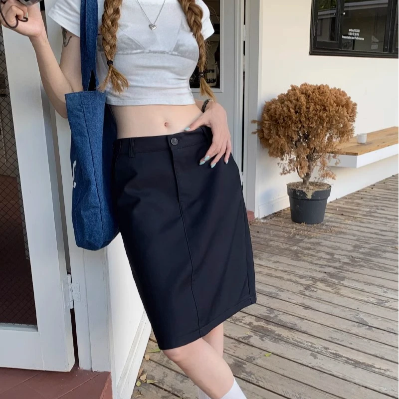 纯色半身裙女秋季显瘦西装面料胖mm过膝中裙a字裙韩版直筒短裙子