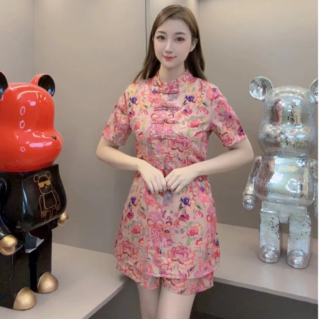 2025夏季新款粉色国风盘扣上衣+裤子两件套显瘦