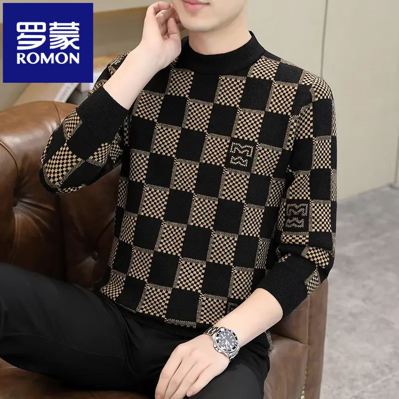 罗蒙新款男装毛衣男款冬季半高领针织衫毛衣格子男士冬季打底衫男
