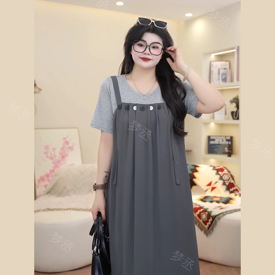 梦丞【灰色小调】大码女装夏季假两件设计感圆领遮肉减龄时尚连衣裙