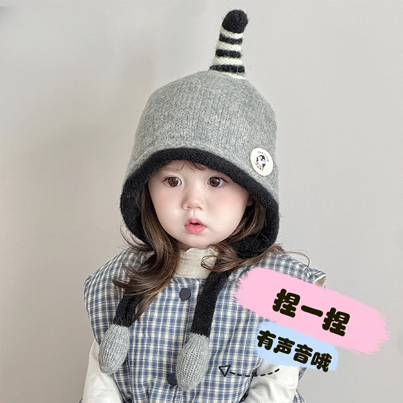 儿童护耳帽子秋冬季可爱萌趣宝宝针织毛线小企鹅捏捏叫保暖防风帽