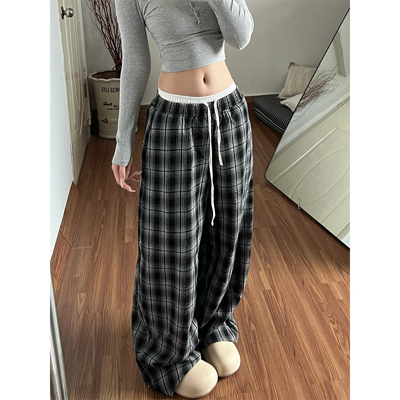美式复古弯刀格子裤女秋季宽松阔腿裤双腰头垂感jazz爵士舞拖地裤