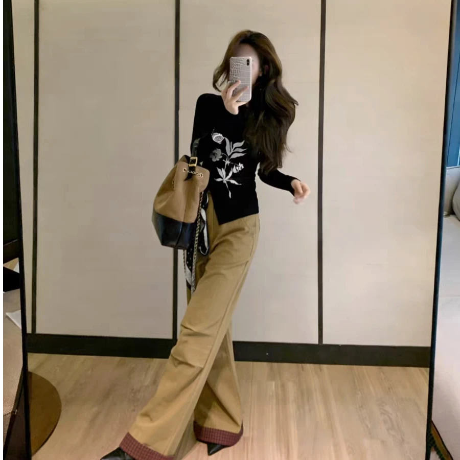 2026秋冬新款韩系高级感绝美假两件设计感针织衫卡其色阔腿裤套装