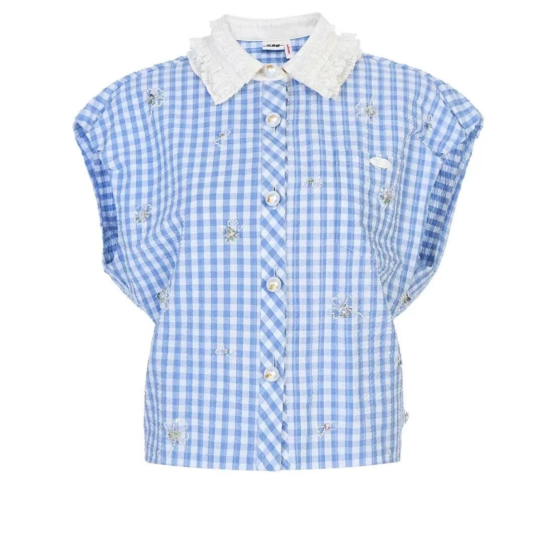 LeFame/拉飞姆2025夏蓝白格上衣纯棉夏季翻领蓝色LF25X11SB293