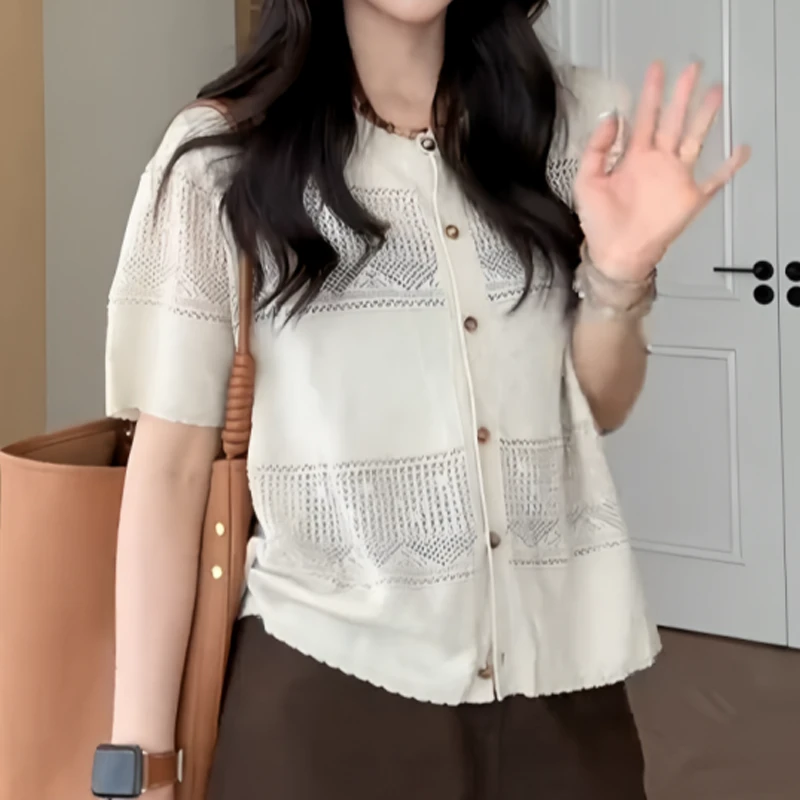 宽松甜美短袖上衣夏季薄款胖MM大码女装纯色温柔风圆领镂空针织衫