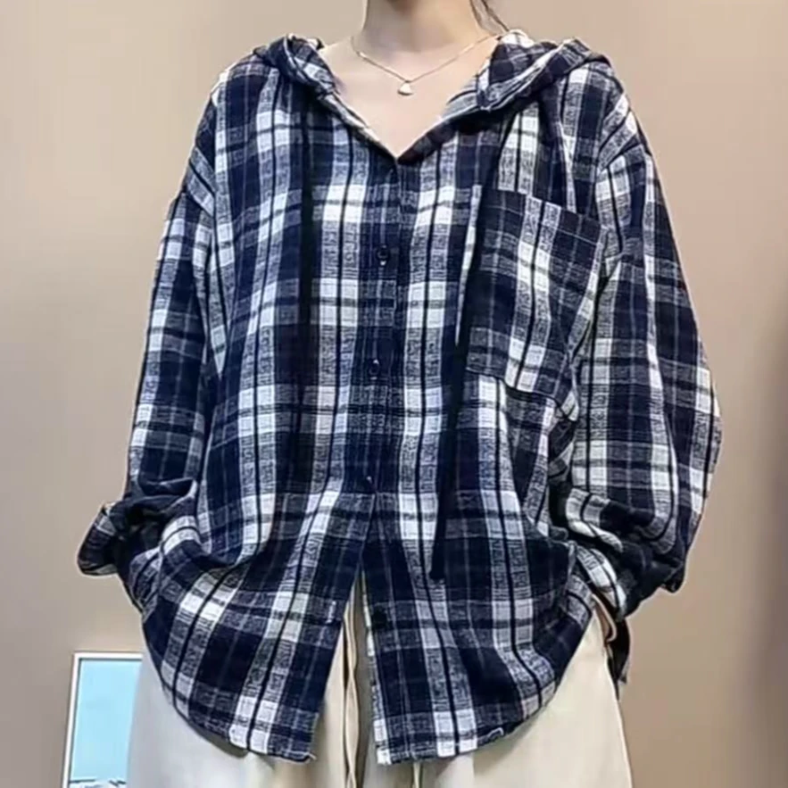 春款蓝格子连帽衬衫女大版