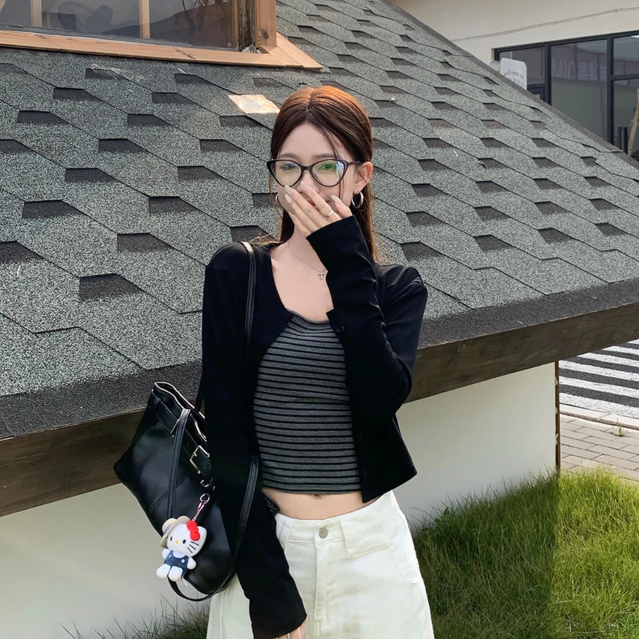 小众条纹吊带辣妹套装女早秋新款短款长袖黑色开衫外套上衣两件套