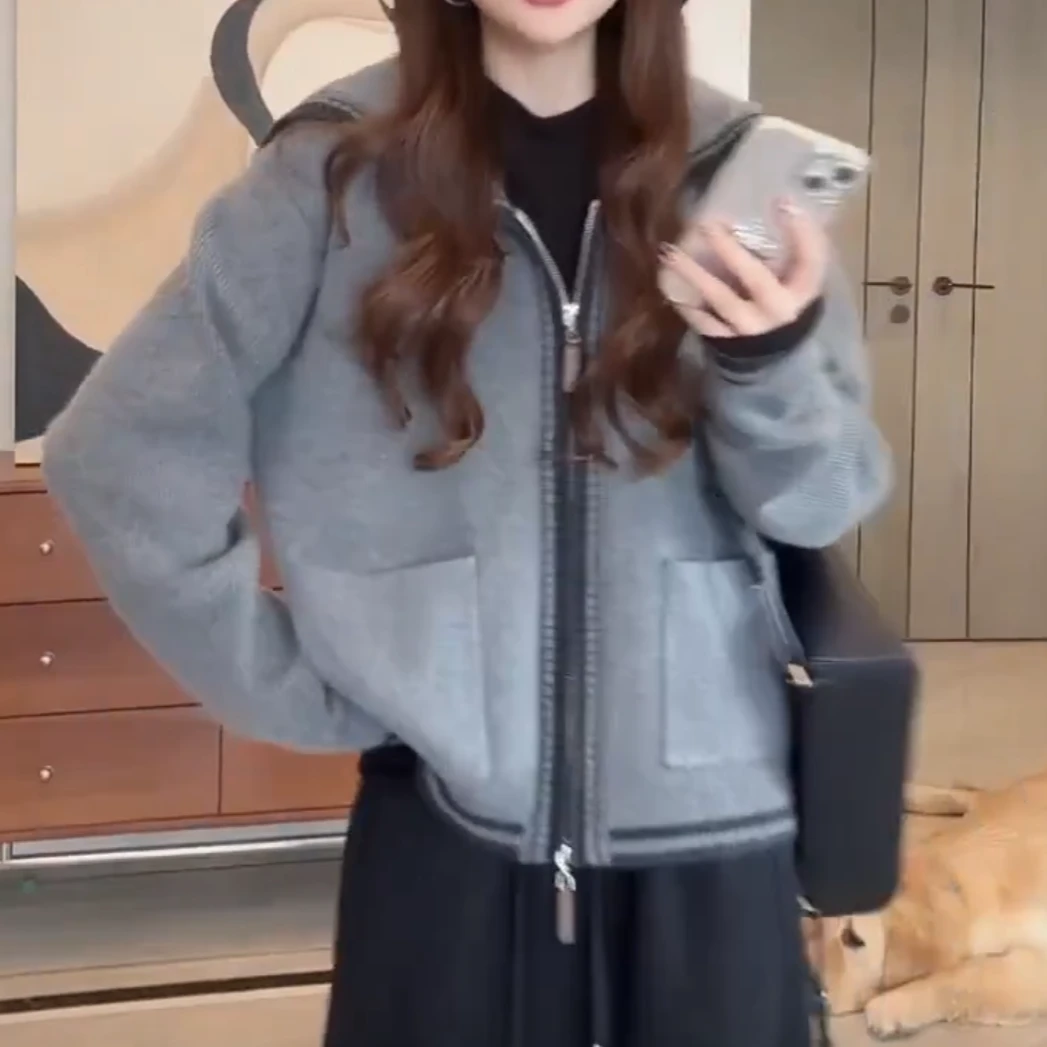 小众设计撞色翻领双头拉链毛衣外套2025新款秋冬慵懒风宽松针织衫