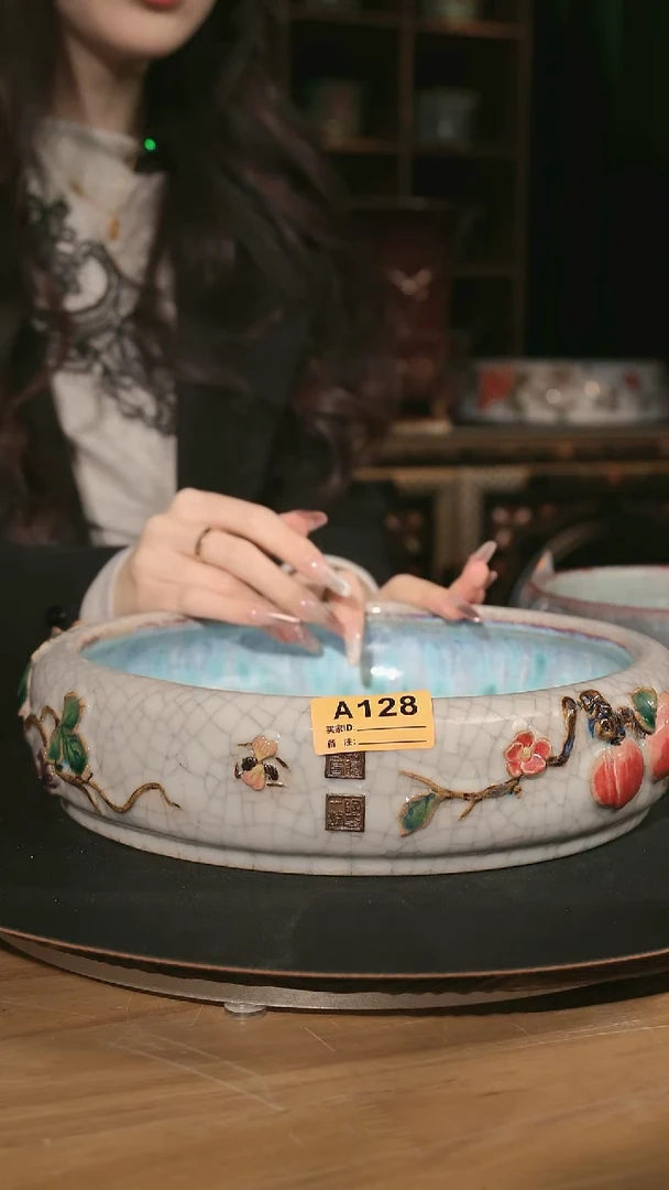 【石湾花盆】10寸鼓型圆盆（贴花）128 无孔