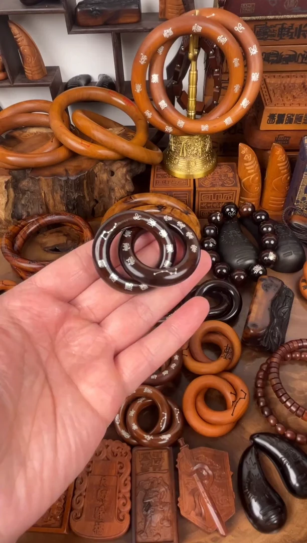 枣木?****?玉化镶银十字乾坤圈2.5