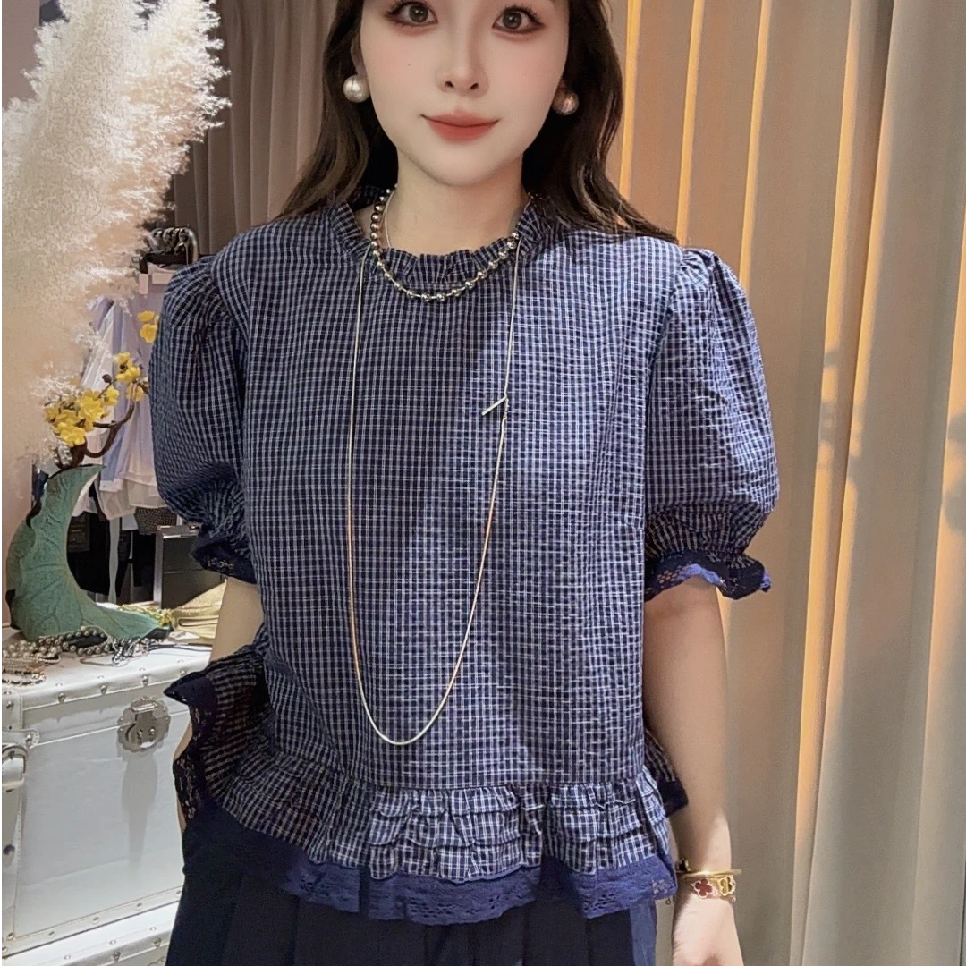 HUIHUI 格纹蕾丝边拼接气质小衫