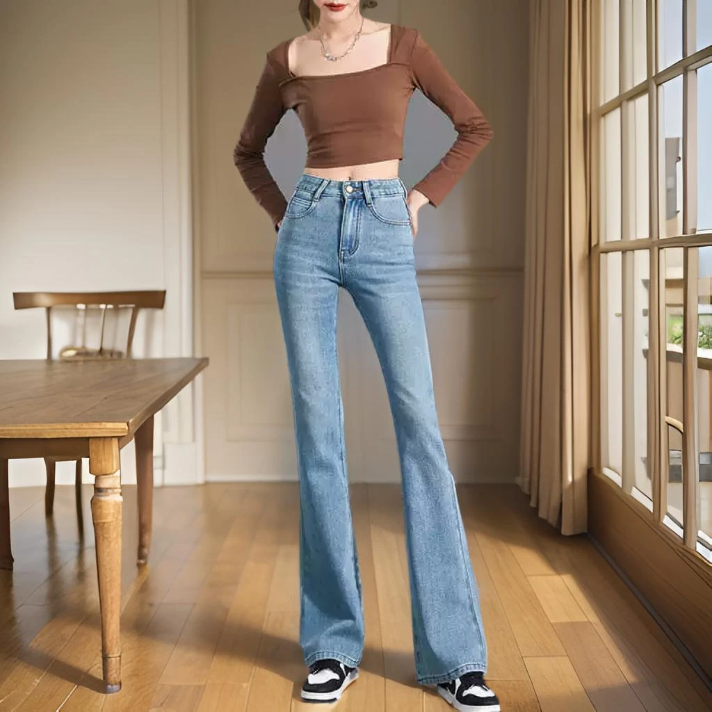 复古蓝牛仔喇叭裤女新款修身显瘦百搭四面弹高腰微喇裤长裤小个子