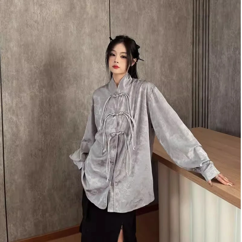 新中式衬衫2024女夏季纯色设计感小众流苏盘扣中性宽松衬衣ins潮