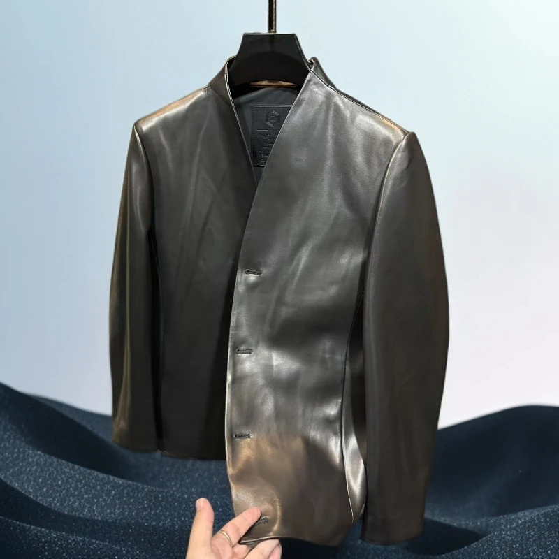男士新款无领纽扣羊皮西服外套商务休闲时尚百搭