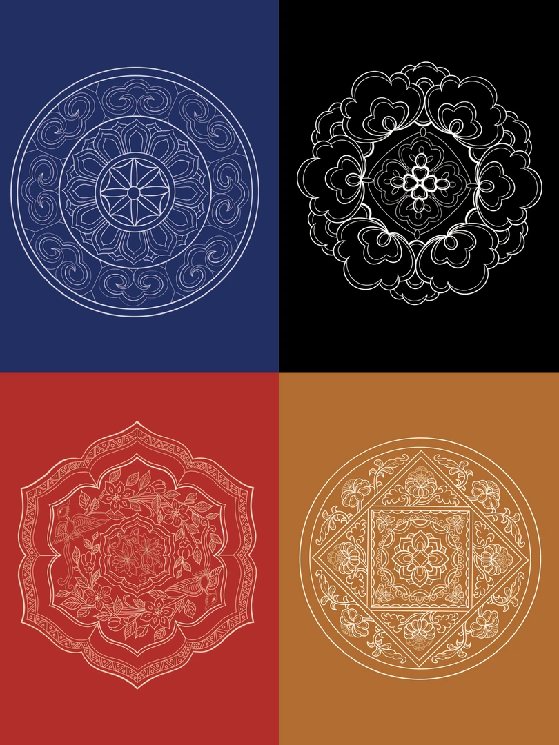 【套装-青花瓷纹样】 特制布料打印 工笔画描金上色