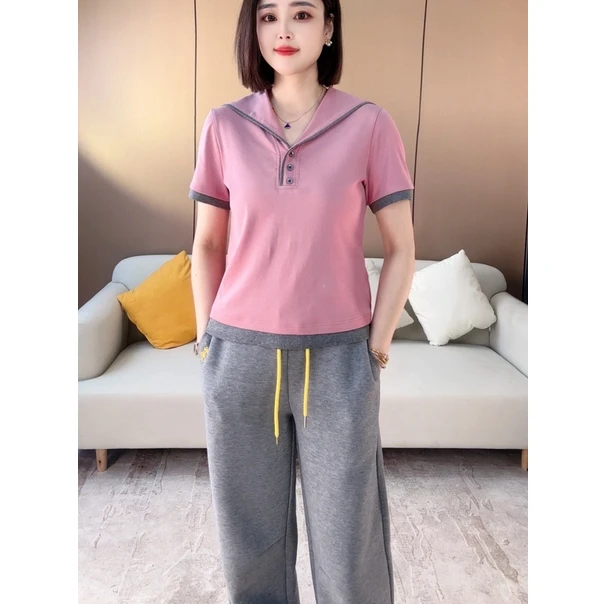 轻职风短袖拼色连帽纯色纽扣T恤运动舒适夏装休闲套头女士