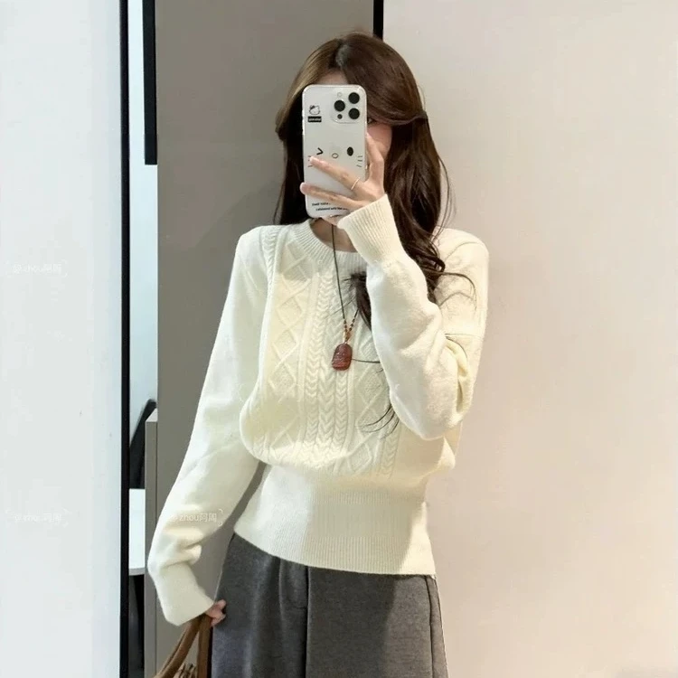 韩系甜美重工浮雕花纹理收腰显瘦圆领毛衣针织衫打底秋冬新款2025