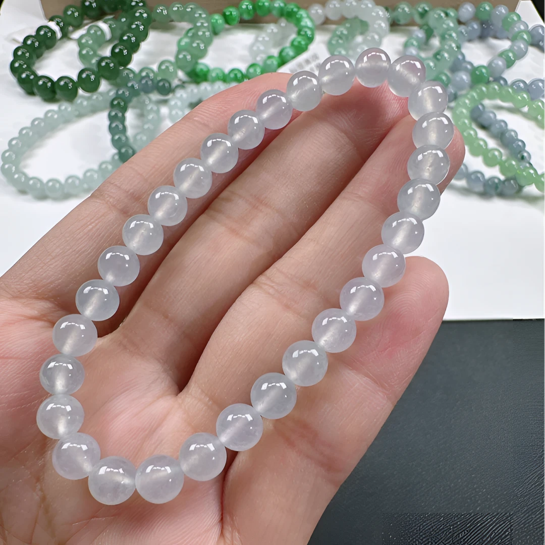 天然A货翡翠卡6.2mm老坑冰种白月光圆珠时尚百搭女士单圈圆珠手串