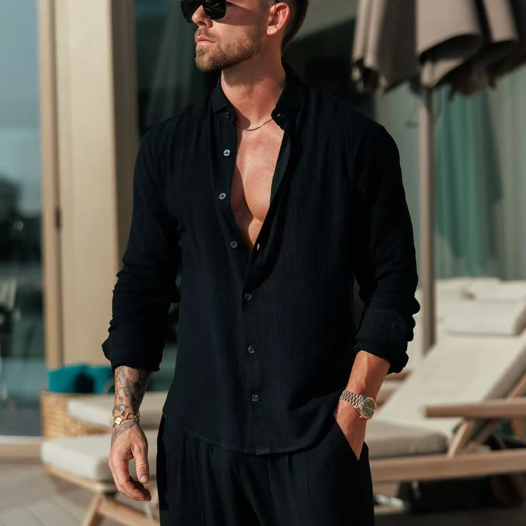 GYMUCLE懋家2025秋季新款棉质长袖男褶皱棉麻工艺宽松衬衫欧美风