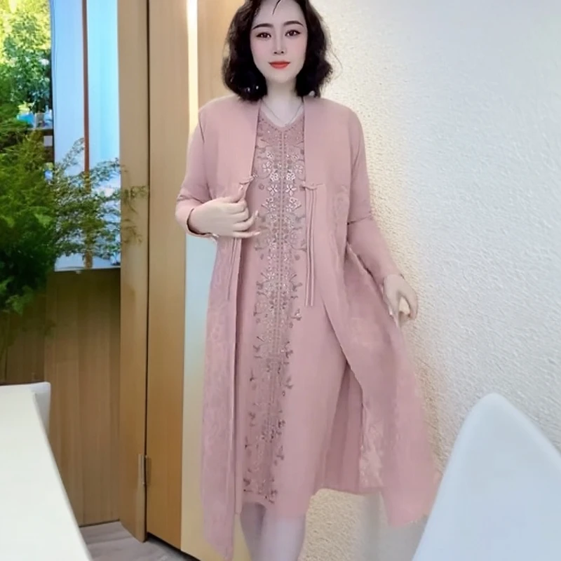 2025新款V领烫钻弹力显瘦连衣裙冰麻针织单穿打底妈妈减龄长裙子