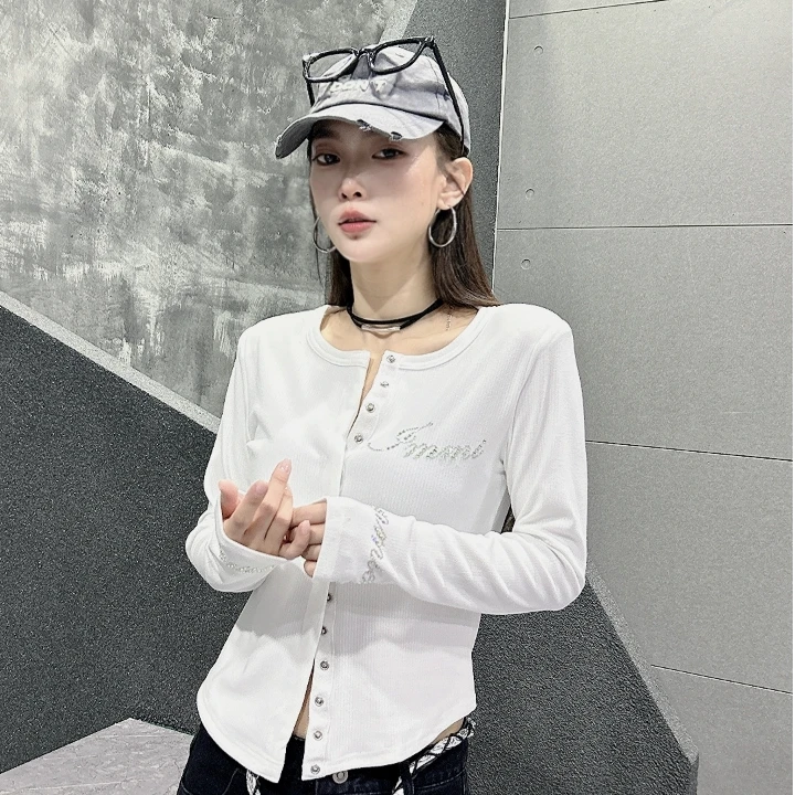 联盟9603春秋时尚内搭修身烫钻款小开衫