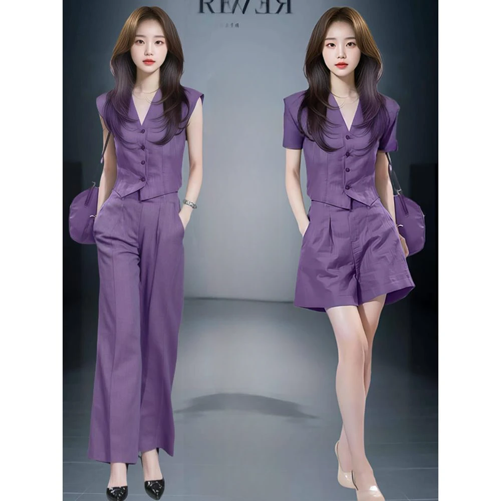 时尚套装女2025夏季新款时髦洋气质显瘦V领无袖上衣阔腿裤两件套