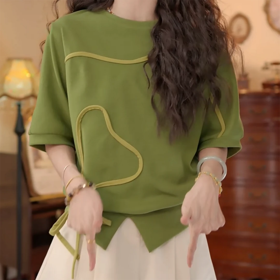 【春烟扶柳】港风复古夏季短袖拼色T恤休闲上衣