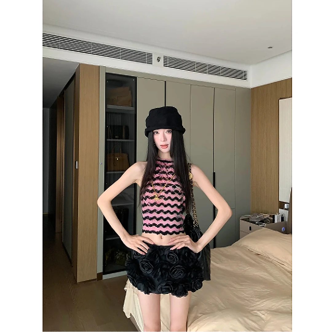 高级感小香气质无袖背心上衣女夏季2025新款显瘦立体花朵半裙套装