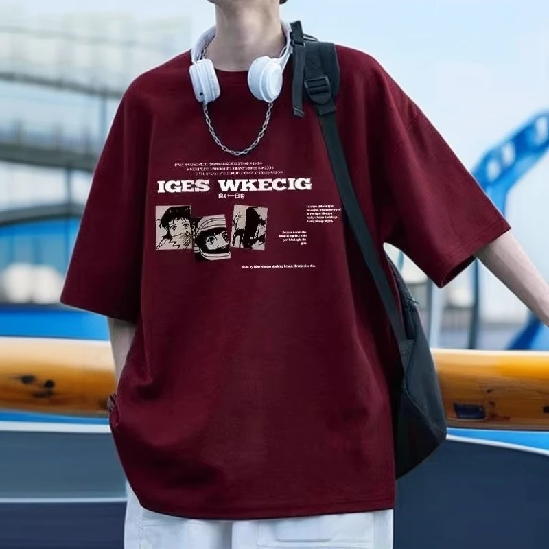 酒红色美式纯棉青少年短袖男t恤夏季新款宽松潮牌初中高中生体恤