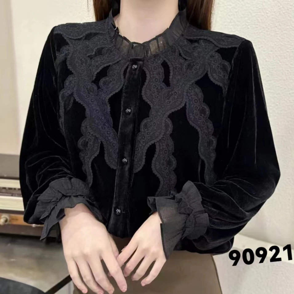 【锦衣服饰】STSZ 90921时尚单排扣蕾丝拼接丝绒小衫