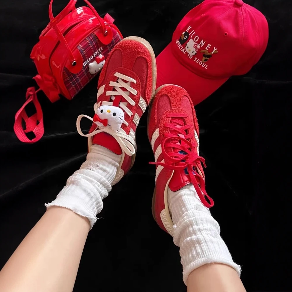 5cm小个子内增高复古红色德训鞋女真皮厚底休闲运动板鞋t头阿甘鞋