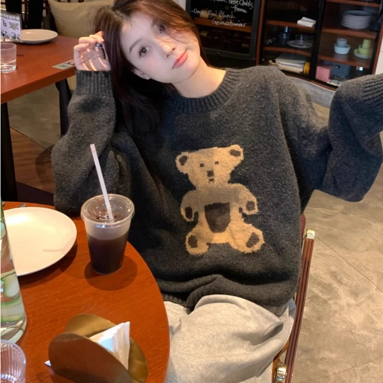 卡通可爱小熊甜妹圆领圣诞毛衣秋冬小个子慵懒宽松减龄针织衫上衣