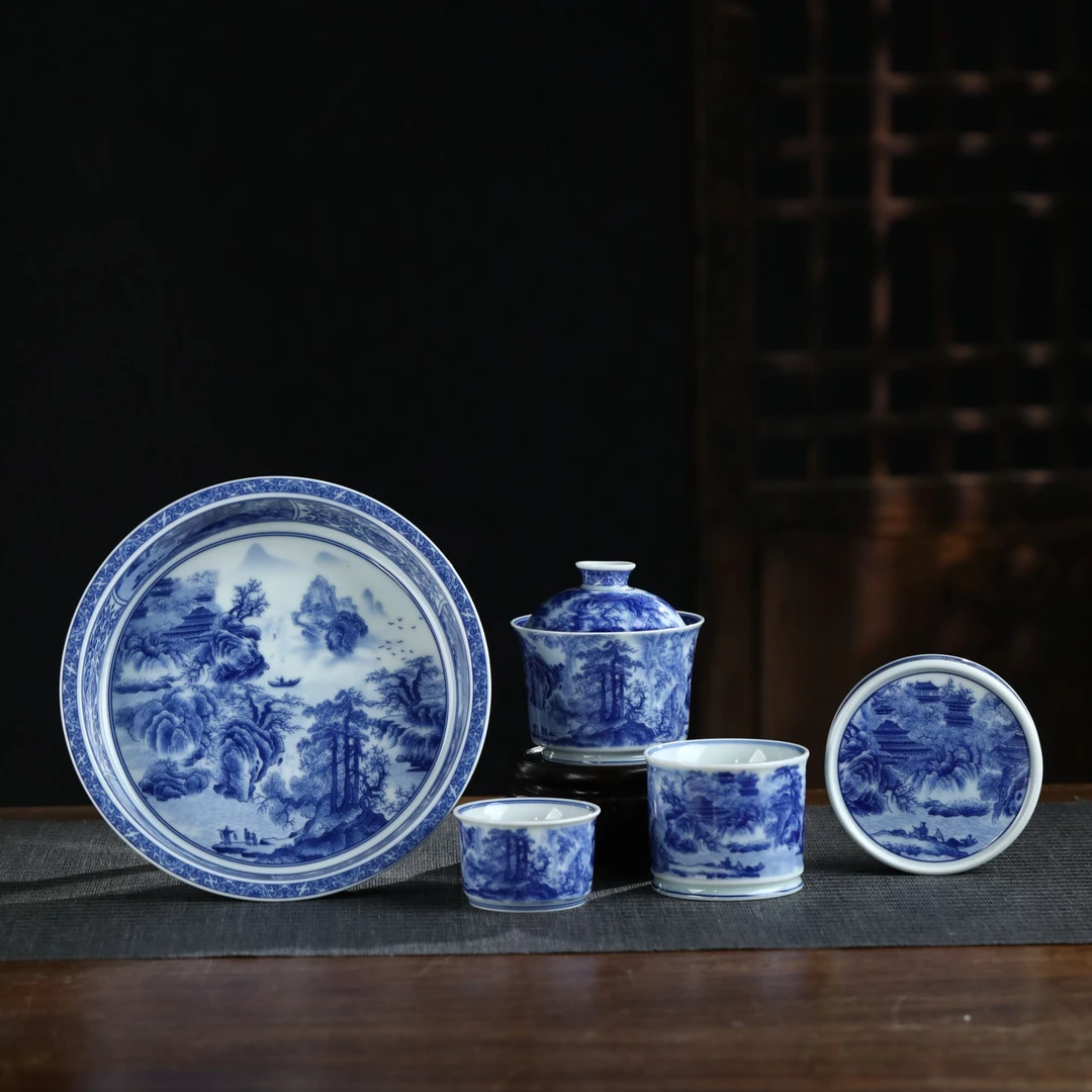 景德镇青花釉下重工山水春山图五件套陶瓷礼盒套装手工高温瓷高档