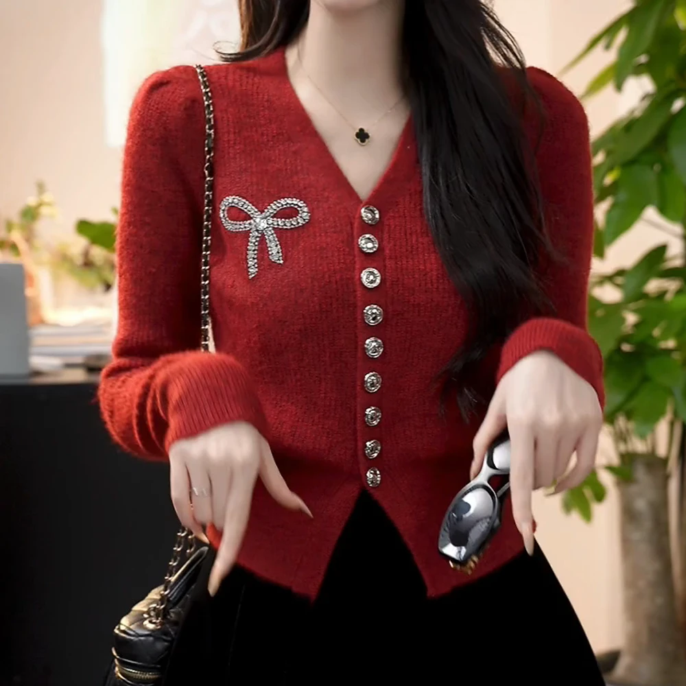 秋冬新款【樱川桃井】小香风气质洋气复古红色蝴蝶结百搭显瘦毛衣