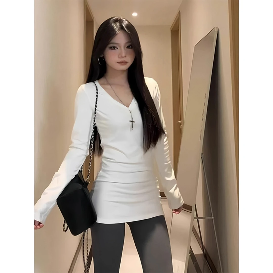 【双11好物】春秋季韩版长袖t恤女基础款打底V领收腰显瘦上衣