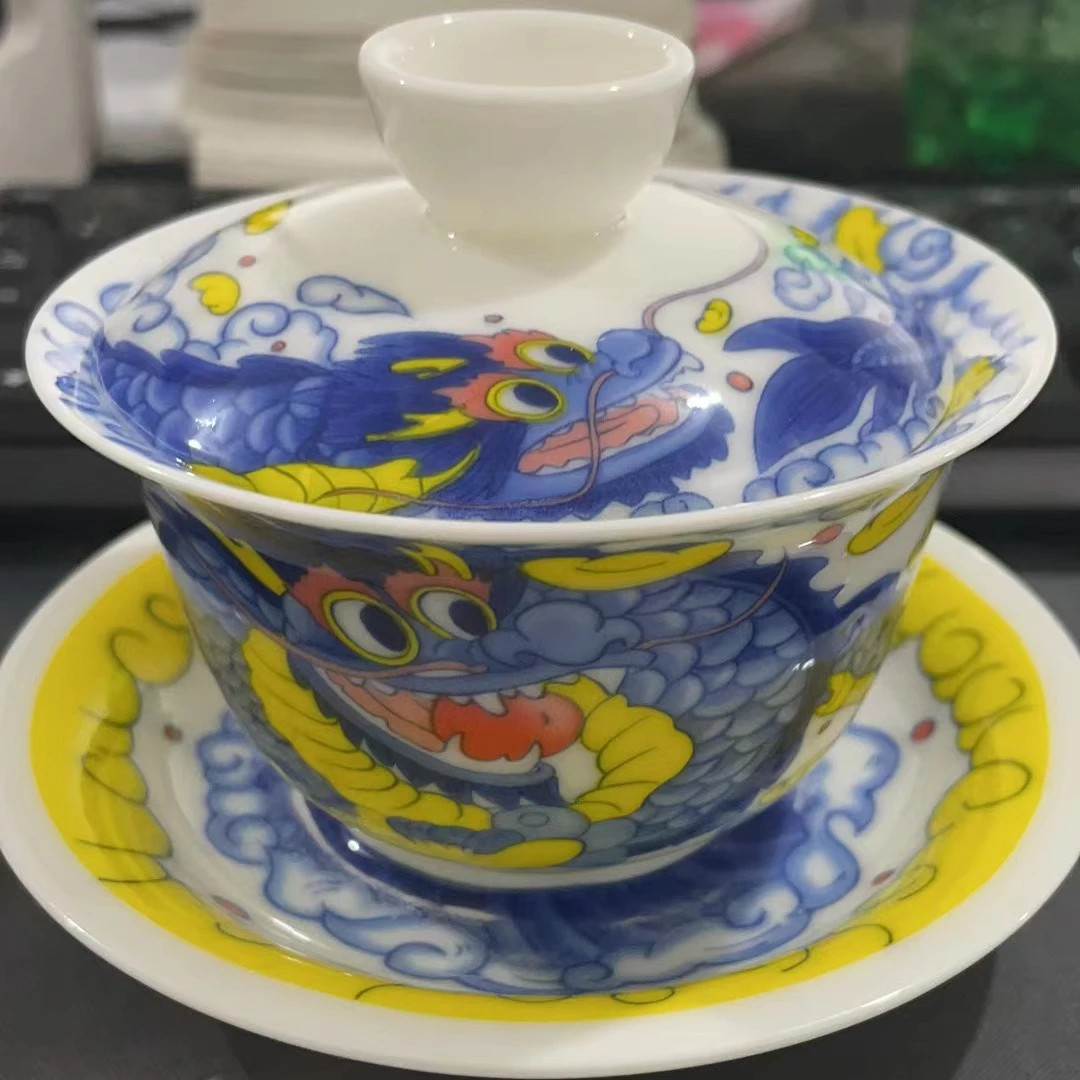 宏陈堂高端羊脂玉瓷釉下彩手绘三才盖碗顺风顺水0678