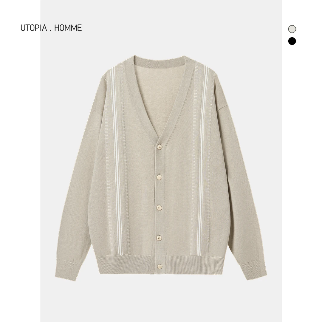 男士条纹撞色v领针织开衫时尚休闲 文艺复古风百搭薄款外套 23208