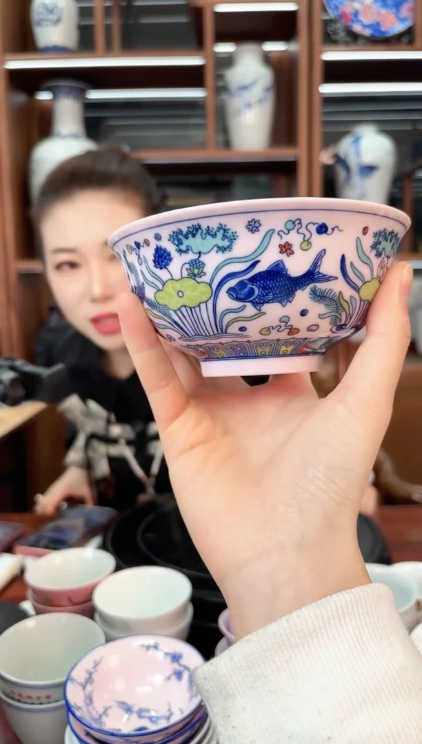 A40景德镇红稀稀鱼藻纹碗一只