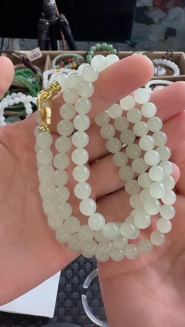 和田玉未镶嵌颈饰8mm高冰清108长链