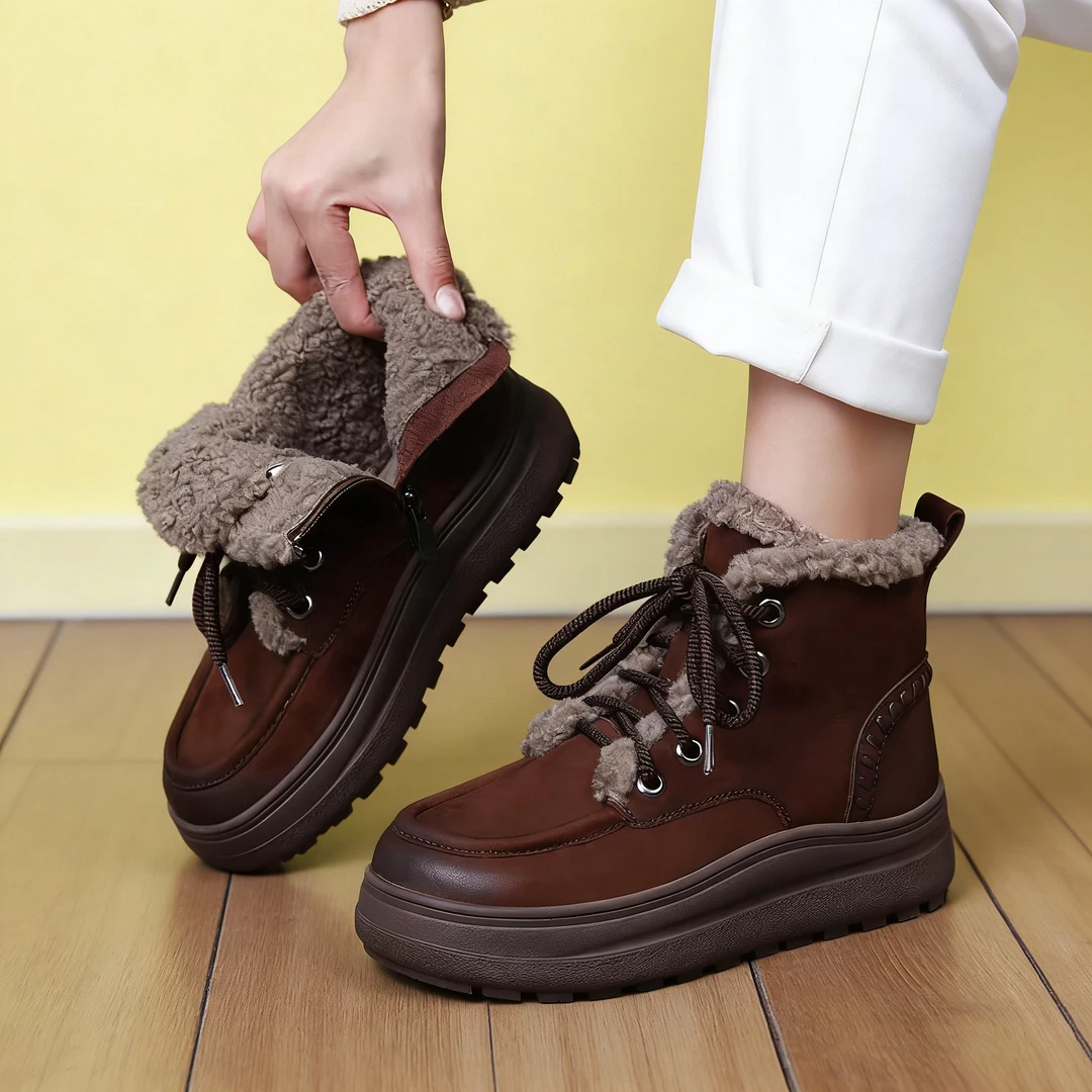 77703复古加绒女靴加厚圆头厚底雪地靴女冬季百搭舒适保暖短靴