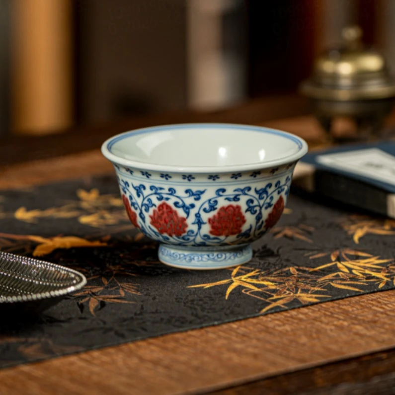 【墨舍名窑】林涛小馆青花釉里红缠枝压手杯（狮心）（ltxg240）陶瓷