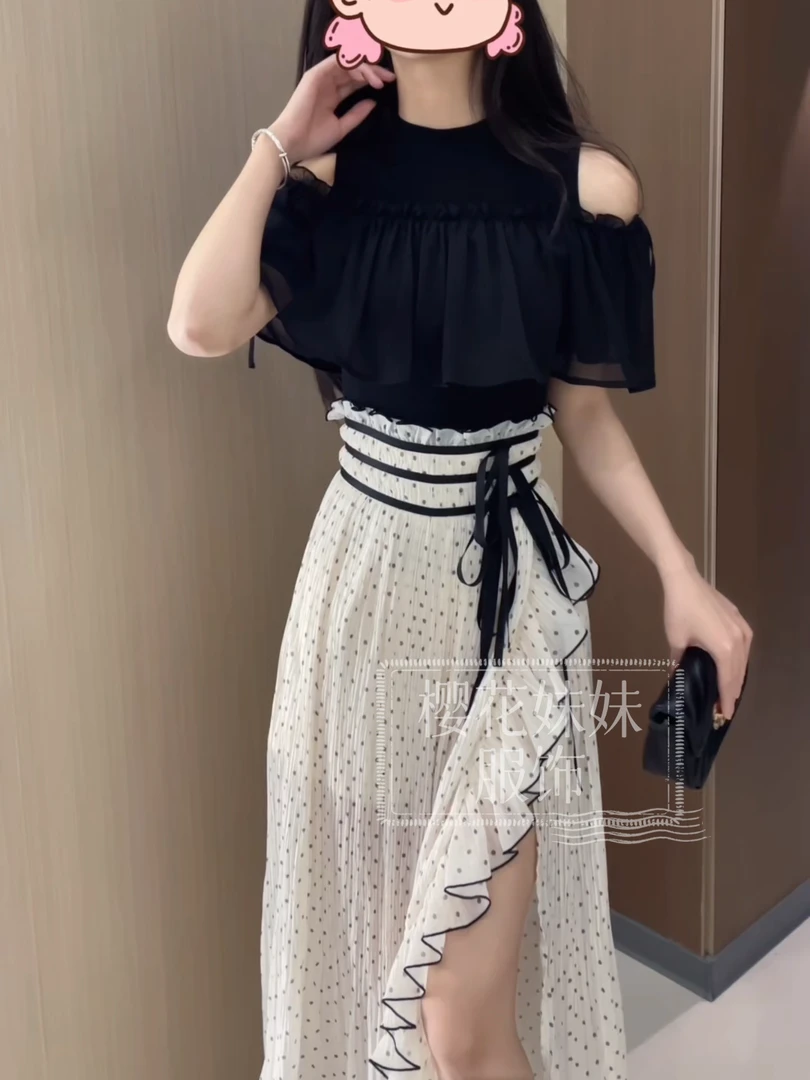 樱花妹妹 温柔姐姐 日系小香风波点百褶心机半身裙