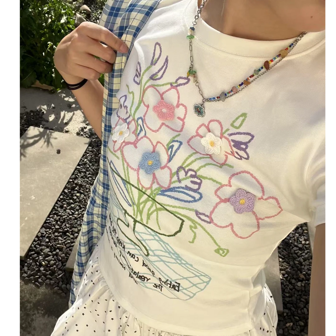 美好商店MeihaoStore修身遮肉立体花朵短款显高短袖