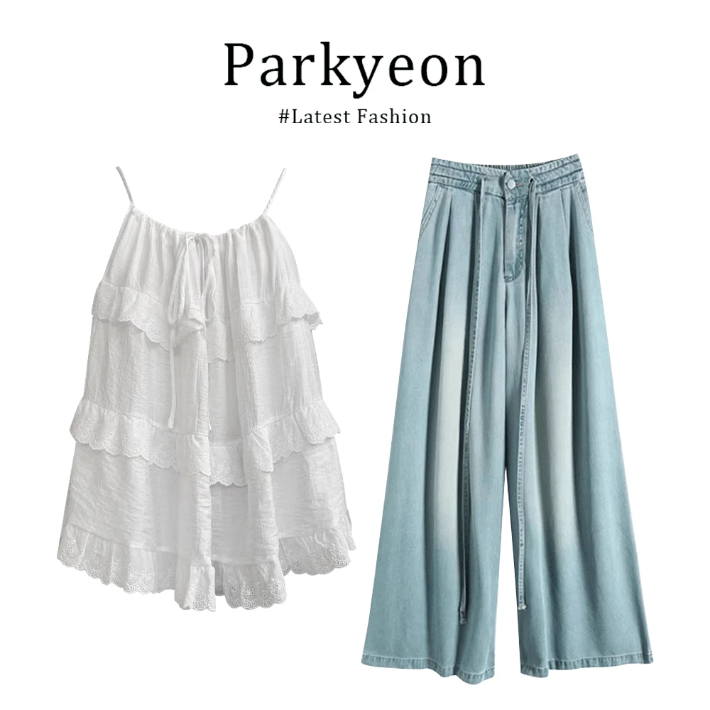 parkyeon韩系绝美独特白色吊带蕾丝荷叶边娃娃衫阔腿牛仔裤套装