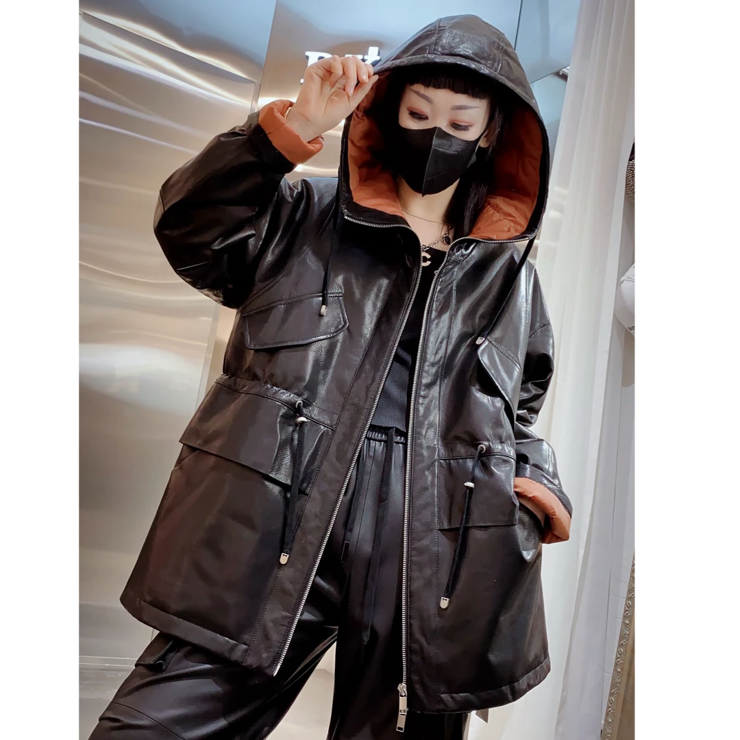 23155鹅绒皮衣连帽中长款拼接外套时尚宽松法式韩版