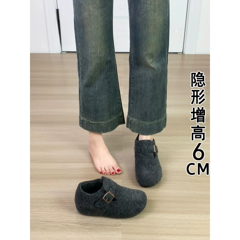 6cm内增高加绒勃肯鞋女2025秋冬毛呢子保暖棉鞋一脚蹬灰色毛毛鞋