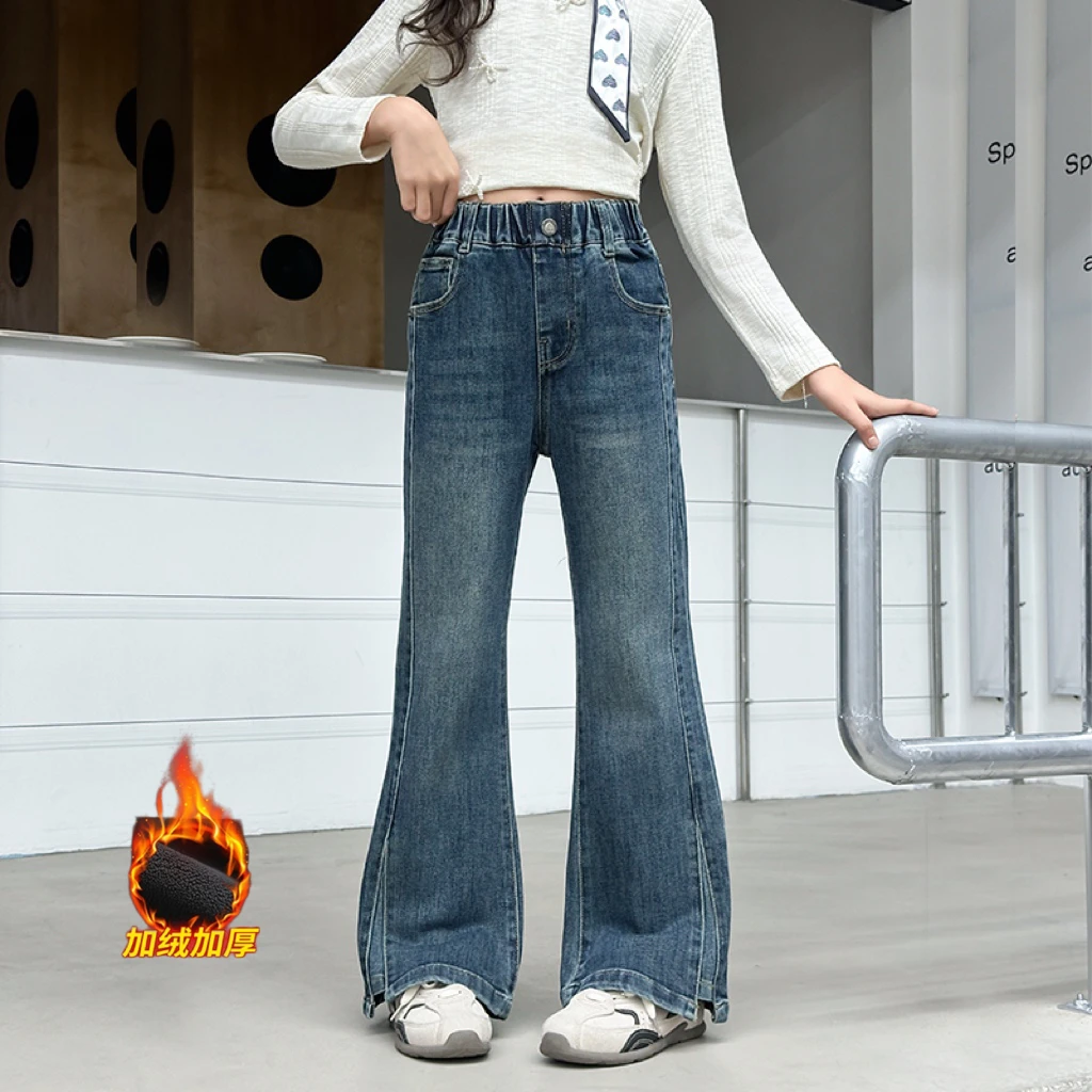 女童加绒牛仔喇叭裤洋气微喇一体绒冬季儿童显瘦加厚裤子时髦开叉